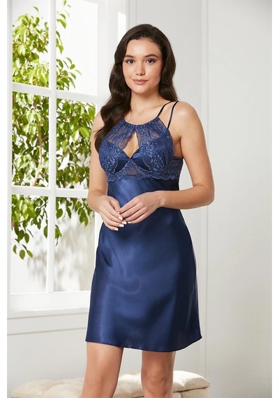 Pierre Cardin 4375 Kadın Saten Dantelli Gecelik Sabahlık Takım-lacivert Çok Renkli