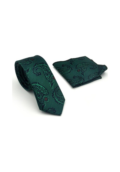 Gaffy Zümrüt Yeşil Şal Desenli Lacivert Dokuma Kumaş Mendilli Slim Fit Kravat // Sdk-2606-5 Yeşil