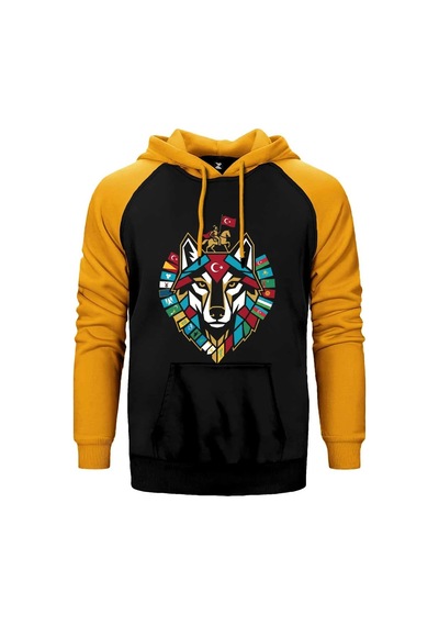 Totem Tarzı Kırmızı Renk Bozkurt Amblemi Baskılı Çift Renk Reglan Kol Sweatshirt / Hoodie