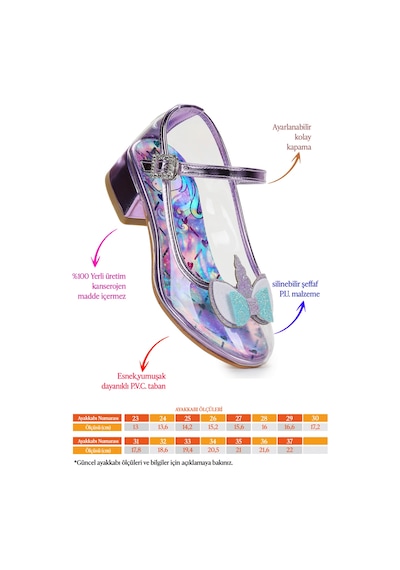 Kiko Kids Unicorn Kız Çocuk Topuklu Abiye Şeffaf Ayakkabı Lila Lila