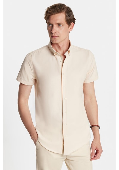 Tudors Erkek Slim Fit Dar Kesim Kısa Kollu Spor Yaka Oxford Doku Pamuklu Bej Gömlek-34363 Bej