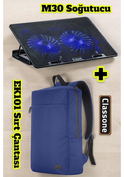 Classone Pr-ek101 15,6' Su Geçirmez Kumaş Notebook Sırt Çantası+m30 Notebook Soğutucu Lacivert