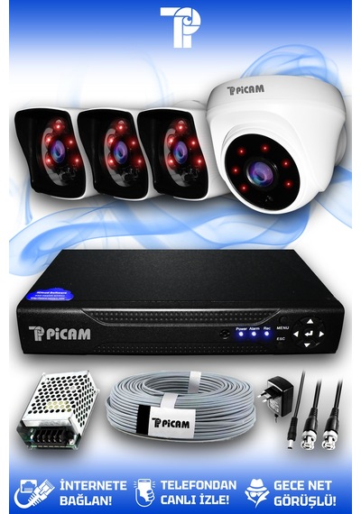 Picam 4 Kameralı Kare 1 İç Kamera Set HDD'siz Full HD Gece Görüşlü Güvenlik Kamerası Sistemi