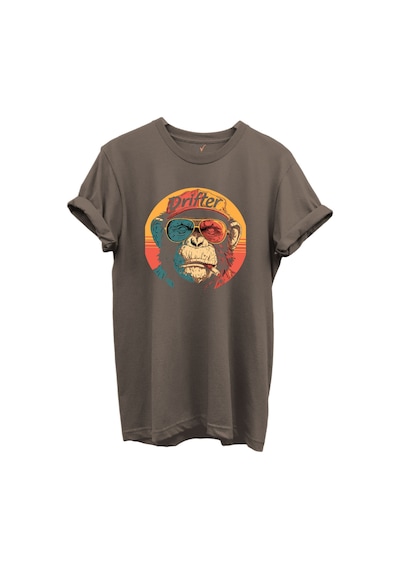 Drifter Yazılı Renkli Gözlüklü Maymun Baskılı %100 Pamuk Siyah Regular Fit Unisex T-shirt Kahverengi