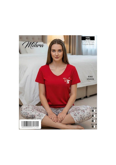 Mi Hra Mihra Kadın Viskon V Yaka Kısa Kol Kapri Likralı Pijama Takımı 40111k - 1 Adet Kırmızı
