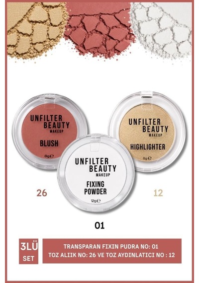 Makeup Transparan Fıxın Pudra No:1+toz Allık No:26+toz Aydınlatıcı No:12 Çok Renkli