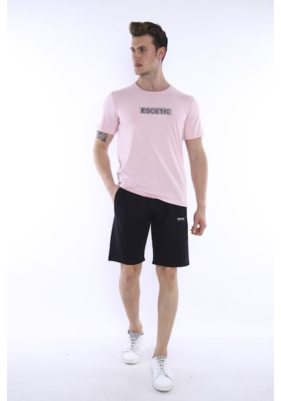 Erkek Spor Pudra Bisiklet Yaka Slim Fit Alt-Üst Şort Takım-3842 Pudra