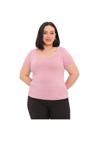 Disentis Büyük Beden U Yaka Kısa Kollu Viskon Pembe Body Pembe