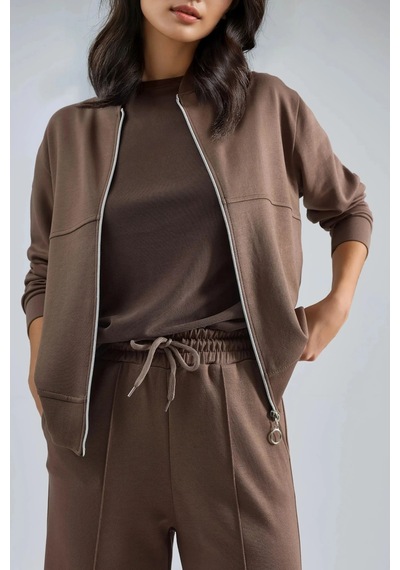 Fiolin Modal Dokulu Fermuarlı Sweatshirt & Nervürlü Pantolon Takımı Cappuchino