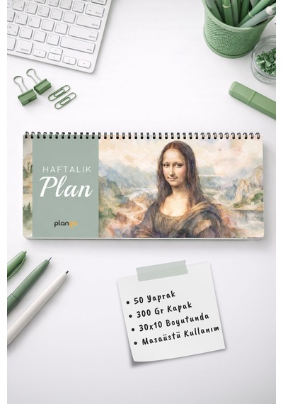 Tarihsiz Spiralli Haftalık Masaüstü Planlayıcı - Mona Lisa - 10x30 Cm Plango Turkuaz