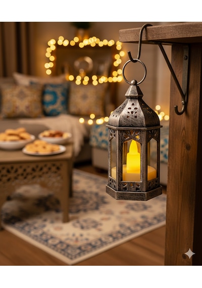 9 Cm Ramazan Ledli Eskitme Gümüş Fener - Pil Dahil Dekoratif Ramazan Feneri Diğer