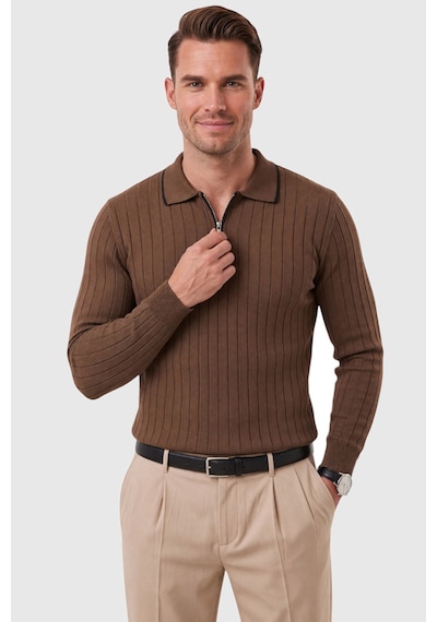 Deepsea Erkek Slim Fit Tüylenmeyen Çizgi Dokulu Kahve Triko Kazak Fermuarlı Polo Yaka 2700401 Deepsea Erkek Slim Fit Tüylenmeyen Çizgi Dokulu Kahve Triko Kazak Fermuarlı Polo Yaka 2700401