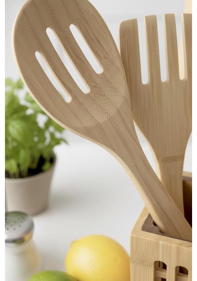 6 Parça Standlı Bambu Servis Seti Takımı - Servis Çatalı Kevgir Servis Kaşık Spatula Maşa Seti,kahverengi Diğer