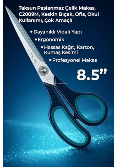 Taksun Paslanmaz Çelik Makas, C2009m, Keskin Bıçak, Ofis, Okul Kullanımı, Çok Amaçlı, Dayanıklı Vidalı Yapı, Ergonomik, Hassas Kağıt, Karton, Kumaş Kesimi, Profesyonel Makas, 8,5"