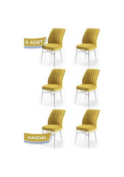 Canisa Flex Serisi, Üst Kalite Mutfak Sandalyesi, 6 Adet Hardal Sandalye, Gürgen Beyaz Ahşap Ayak Sandalye Hardal Ayaklar Beyaz
