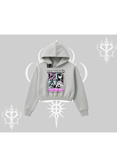 Startmore Kapşonlu Crop Sweatshirt Fearless Soul Anime Kolaj Baskılı Gri