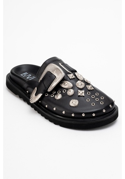 Luvishoes Luvi Shoes Maril Siyah Cilt Hakiki Deri Kemerli Tokalı Burnu Kapalı Kadın Terlik Siyah
