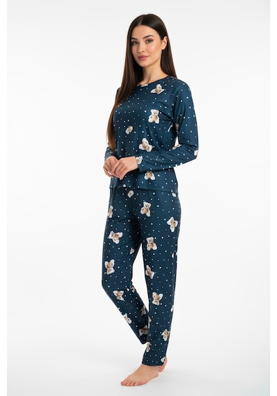Bisiklet Yaka Süet Pijama Takımı 6003 Ayıcıklı Lacivert