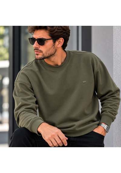 Erkek Modal Kumaş Bisiklet Yaka Sweatshirt Şık Tasarım, Tam Kalıp Haki