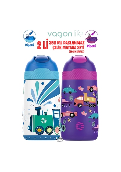 Vagonlife 2'li Set 350 Ml Çocuk Pipetli Çelik Matara Paslanmaz Çelik Termos 5 Farklı Renk 2055-350ml Mavi - Mor