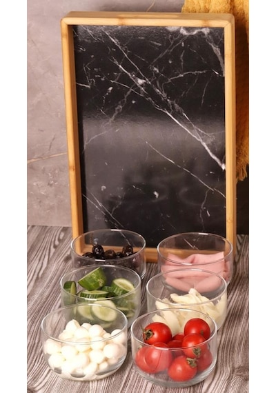 Bambum Duo 300ml 6'lı Siyah Tepsili Bambu Kapaklı Cam Kahvaltılık