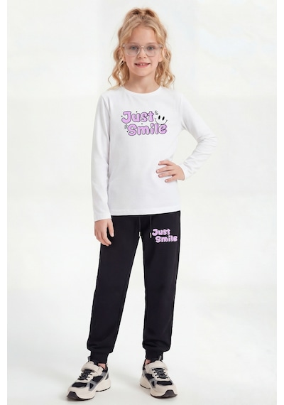 Panios Kids 3'lü Yuvarlak Yaka Sweatshirt Siyah Eşofmanlı Baskı Detaylı 6 Parça Kız Çocuk Alt Üst Takım Turuncu - Beyaz