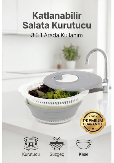 Katlanabilir Salata Kurutucu - Süzgeç Ve Kase Seti - 3 Ü 1 Arada 4.5 Litre Gri