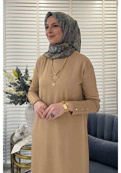 Rabia Şamlı İsra Triko Elbise Bej Normal
