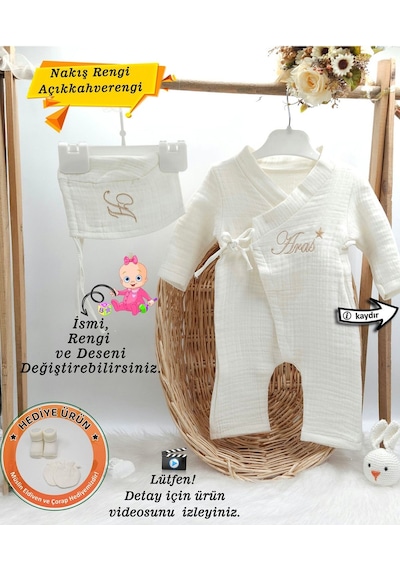 Gros Shop Müslin 2'li Kimono Bağcıklı Tulum %100 Pamuk Organik Kişiye Özgü İsimli Nakış Desenli Ekru