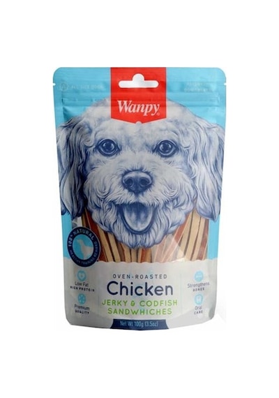 Wanpy Marbled Tavuklu Jerky Codfish Sandwiches Yetişkin Köpek Ödülü 100 G