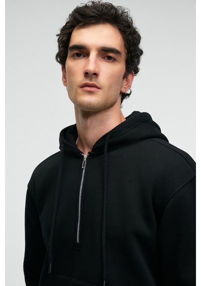Grimelange JUSTUS Erkek Kapüşonlu Kanguru Cepli Fermuar Yakalı Siyah Sweatshirt