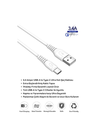 Sony Xperia X Compact Uyumlu 2 Metre 3.4A Ultra Hızlı Type-C Şarj Kablosu - İthalatçı Garantili