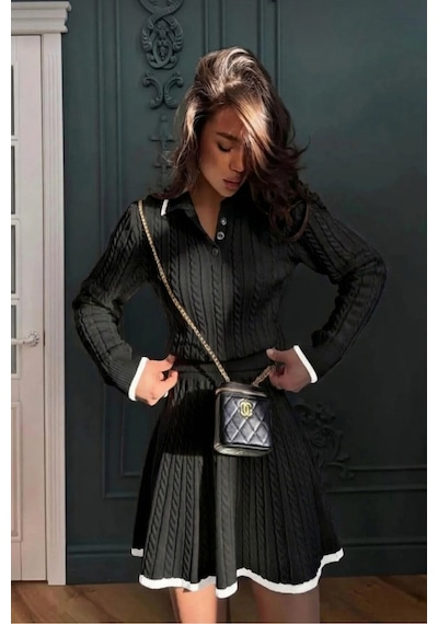 Sayzen Your Shine Polo Yaka Saç Örgülü Kazak-etek Triko Takım Sy-25100 Siyah