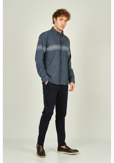 Megaldi Erkek Slim Fit Blok Desenli Pamuklu Uzun Kol Gömlek 1200 İndigo Gri İndigo Gri İndigo