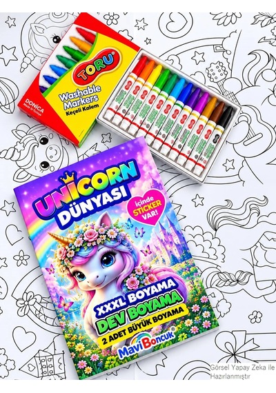 Çocuklar İçin Unicorn Dev Boyama Seti Xxl Boyama + Sticker + 12 Keçeli Kalem Yıkanabilir