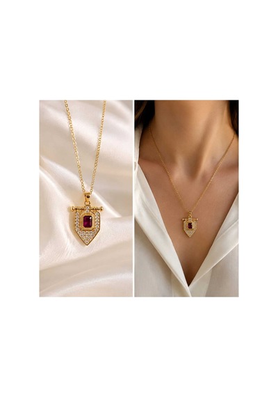 Dolunay Takı Gold Renk Çelik Bordo Taşlı Zirkon Detaylı Kalkan Kolye - Genel Markalar - Çok Renkli - 869900000000040 Dolunay Takı Gold Renk Çelik Bordo Taşlı Zirkon Detaylı Kalkan Kolye - Genel Markalar - Çok Renkli - 869900000000040