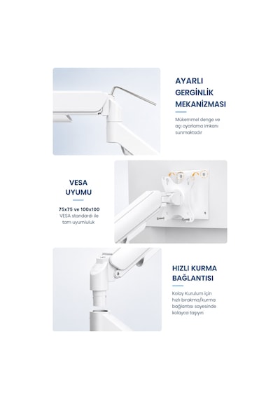 Tek Kollu Monitör Kolu Vesa Uyumlu Hareket Ayarlanabilir Monitör Standı 17-32" 9kg Kapasite Beyaz