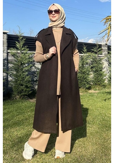 Rabia Şamlı Apoletli Acı Kahve Yelek Normal