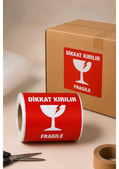 10x10 Cm Dikkat Kırılır Etiketi 500'lü Rulo 100x100 Mm - Kırılacak Eşya Fragile Koli Ve Paket Yapıştırma Etiketi 1