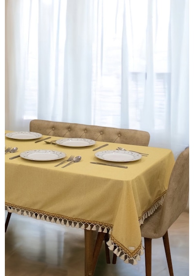 Dnc Home Tekstil  Sarı Pamuk Keten Kahverengi Şerit Ponponlu Masa Örtüsü
