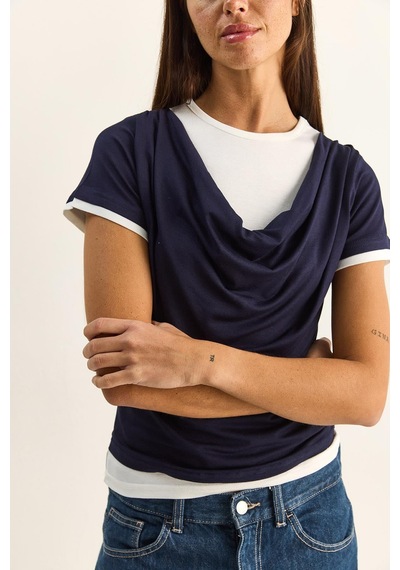 Shade Kadın Çift Kat Görünümlü Degaje Yaka Kısa Kol T-shirt 6140 60286132 - Lacivert