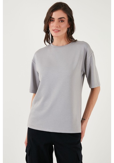 Lela Streç Oversize Fit Bisiklet Yaka Bayan T Shirt 5865911 Gri