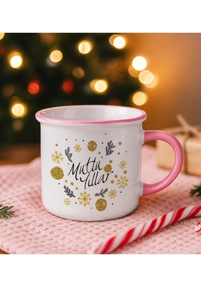 Bk Gift Kişiye Özel Yılbaşı Tasarımlı Pembe Emaye Kupa Bardak -3, Arkadaşa Hediye, Yeni Yıl Hediyesi