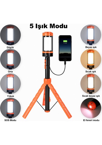 Wison Ws-623 Katlanabilir Tripodlu Şarjlı Kamp Işığı 3500 Lumen Led Fener Çok Renkli