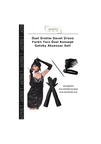 Astrid T Özel Üretim Davet Ürünü Farklı Tarz Özel Konsept Gatsby Aksesuar Seti Siyah