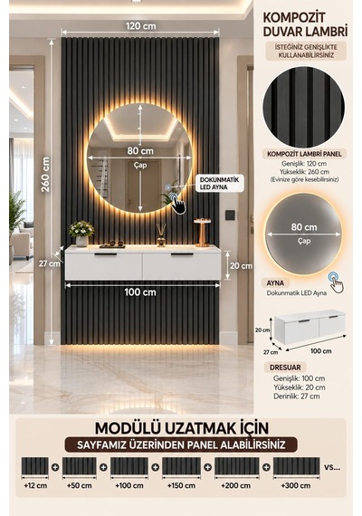 Misterium Viora Dresuar + Dokunmatik Yuvarlak Led Ayna + Antrasit Siyah Duvar Paneli Takımı Modern Antre, Salon Ve Makyaj Mobilyası Misterium Viora Dresuar + Dokunmatik Yuvarlak Led Ayna + Antrasit Siyah Duvar Paneli Takımı Modern Antre, Salon Ve Makyaj Mobilyası