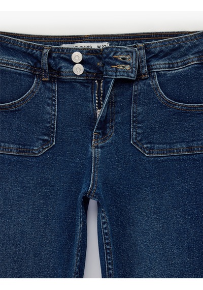 Koton Düğme Detaylı Düşük Bel Pamuklu İspanyol Paça Denim Pantolon - Flare Jeans Koyu İndigo 6sal40263md Indigo