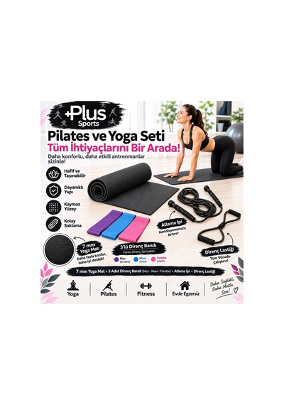 7 Mm Pilates Minderi + 3'lü Direnç Bandı + Atlama İpi + Kelebek Direnç Lastiği Siyah Siyah