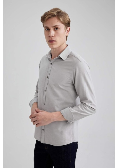 Defacto Slim Fit Dar Kesim Pamuklu Basic Düz Uzun Kollu Gömlek A4644AX23AUGR91 Gri