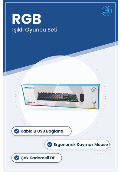Kablolu Rgb Oyuncu Klavye Mouse Seti Siyah Usb Bağlantılı Işıklı Optik